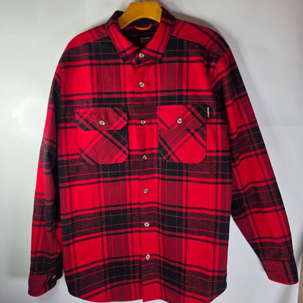 Timberland PRO Mens M Flannel Shirt Original Fit Red Black Plaid Long Sleeve